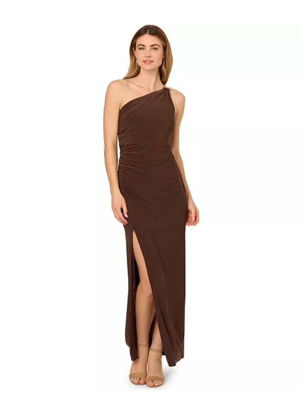 One-Shoulder Brown Evening Gown with Side Slit